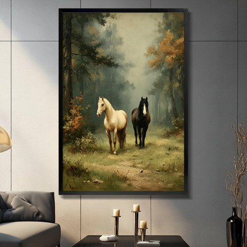 Two Horses Forest Oil Painting Canvas Art Wall Art