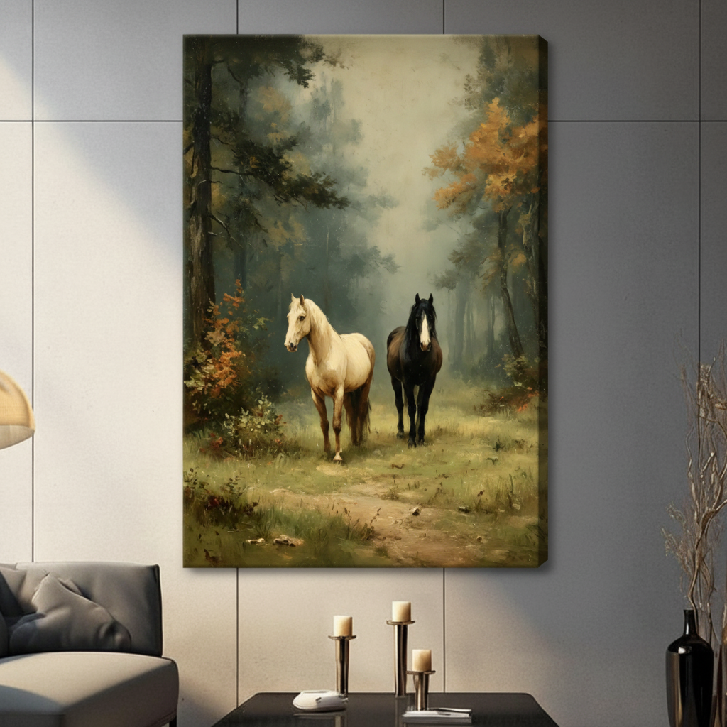 Two Horses Forest Oil Painting Canvas Art Wall Art
