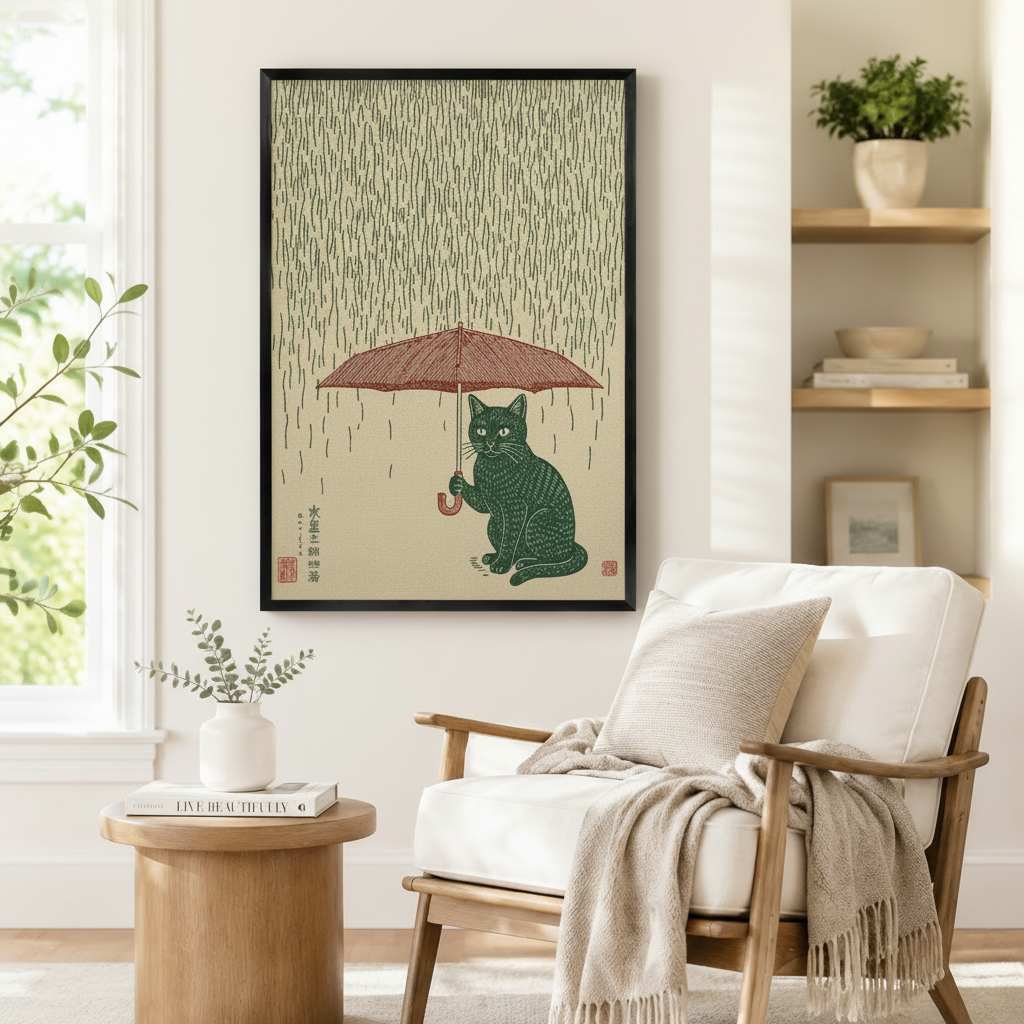 Japanese Cat Rain Woodblock Framed Canvas Art