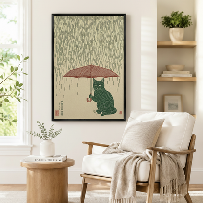 Japanese Cat Rain Woodblock Framed Canvas Art