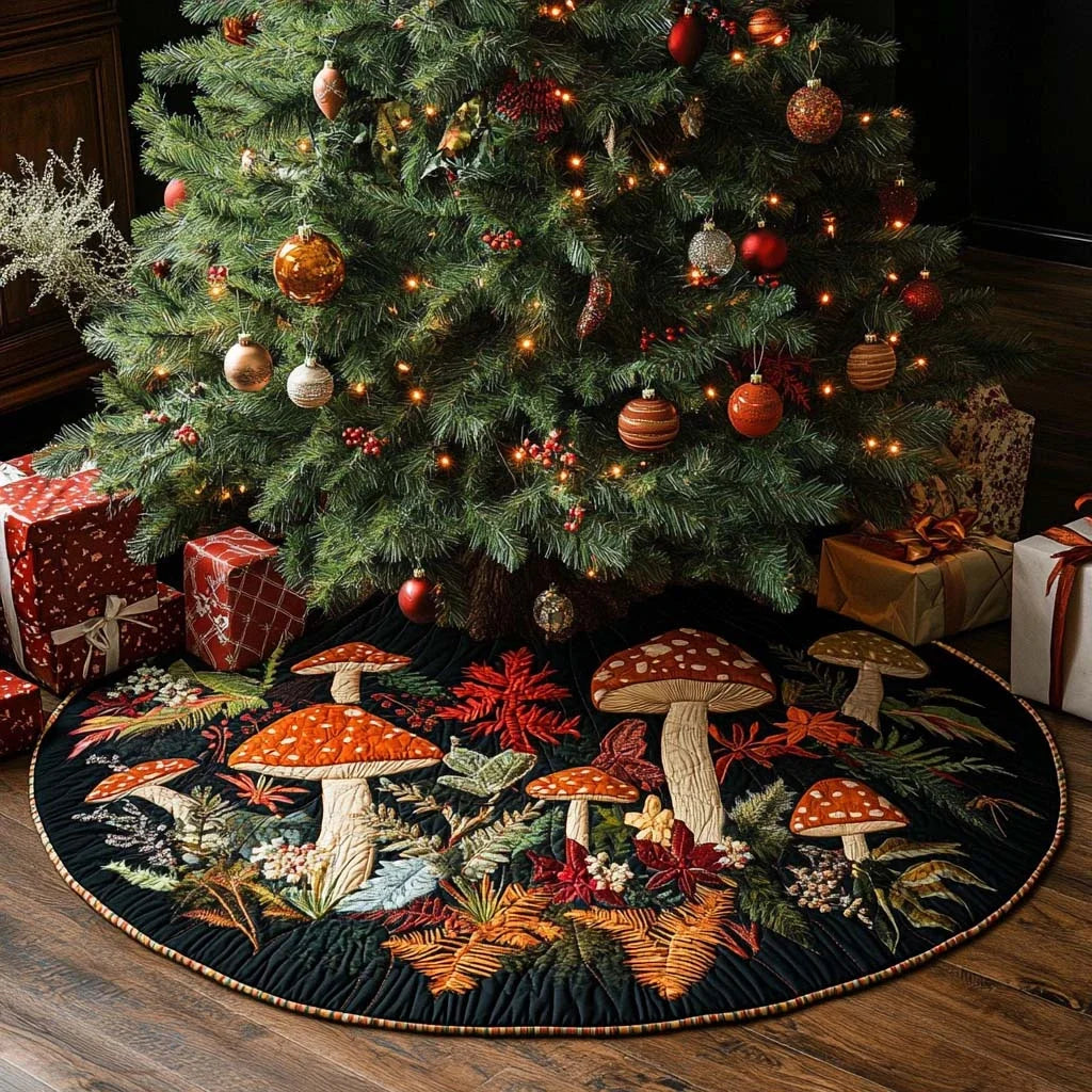 Vintage Mushroom Christmas Quilted Tree Skirt