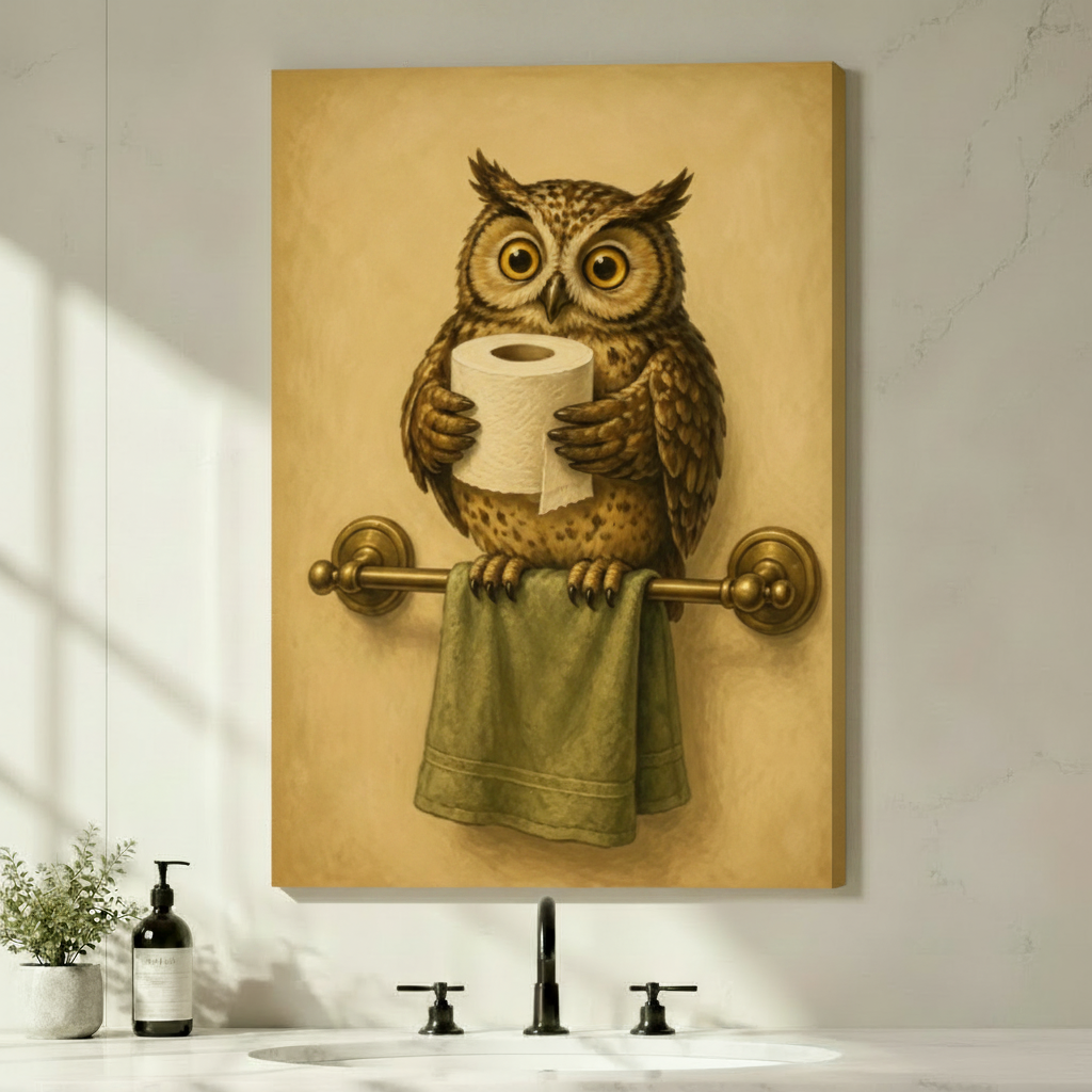 Vintage Owl Bathroom Funny Framed Canvas Art Wall Art