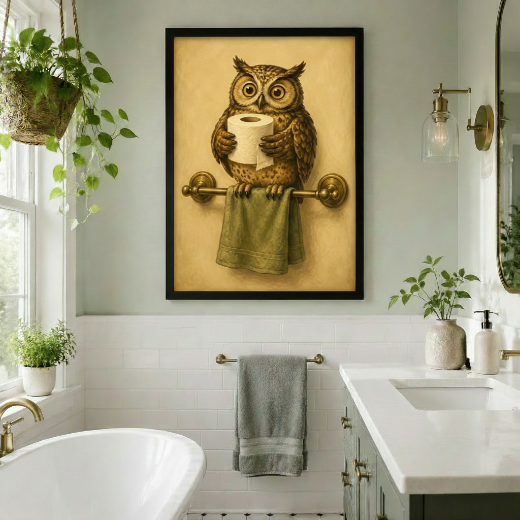 Vintage Owl Bathroom Funny Framed Canvas Art Wall Art