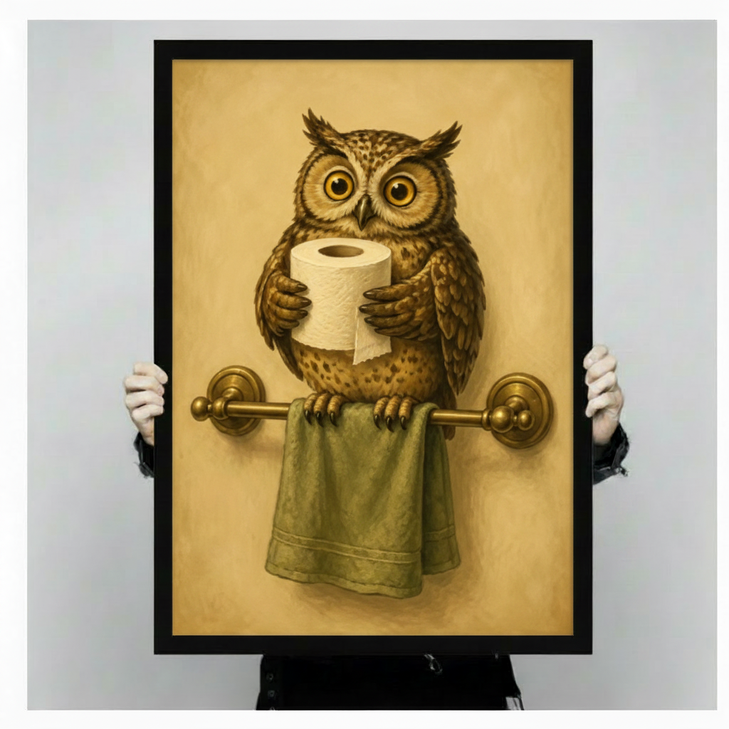 Vintage Owl Bathroom Funny Framed Canvas Art Wall Art