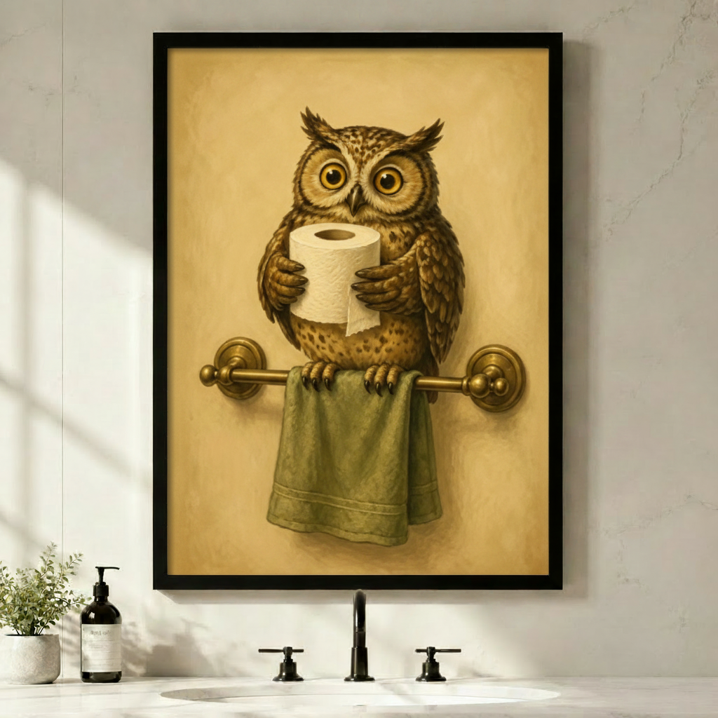 Vintage Owl Bathroom Funny Framed Canvas Art Wall Art