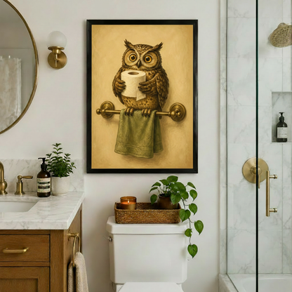Vintage Owl Bathroom Funny Framed Canvas Art Wall Art