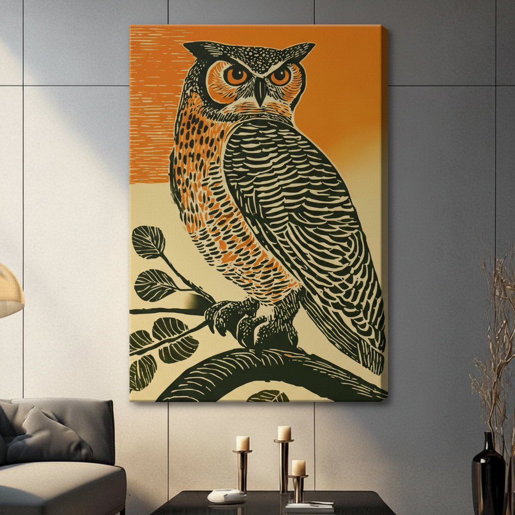 Retro Linocut Owl Branch Canvas Wall Art