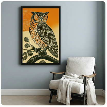 Retro Linocut Owl Branch Canvas Wall Art