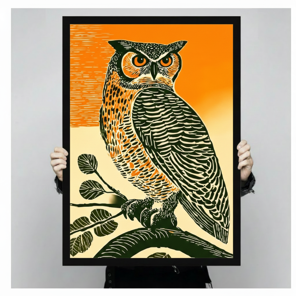 Retro Linocut Owl Branch Canvas Wall Art