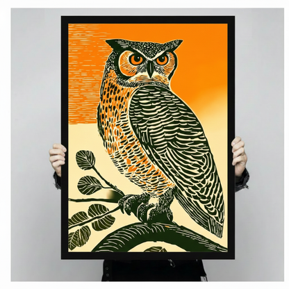 Retro Linocut Owl Branch Canvas Wall Art