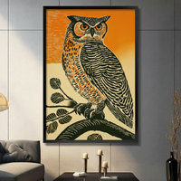 Retro Linocut Owl Branch Canvas Wall Art