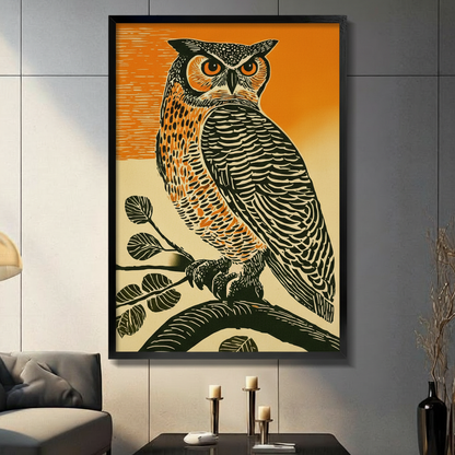 Retro Linocut Owl Branch Canvas Wall Art