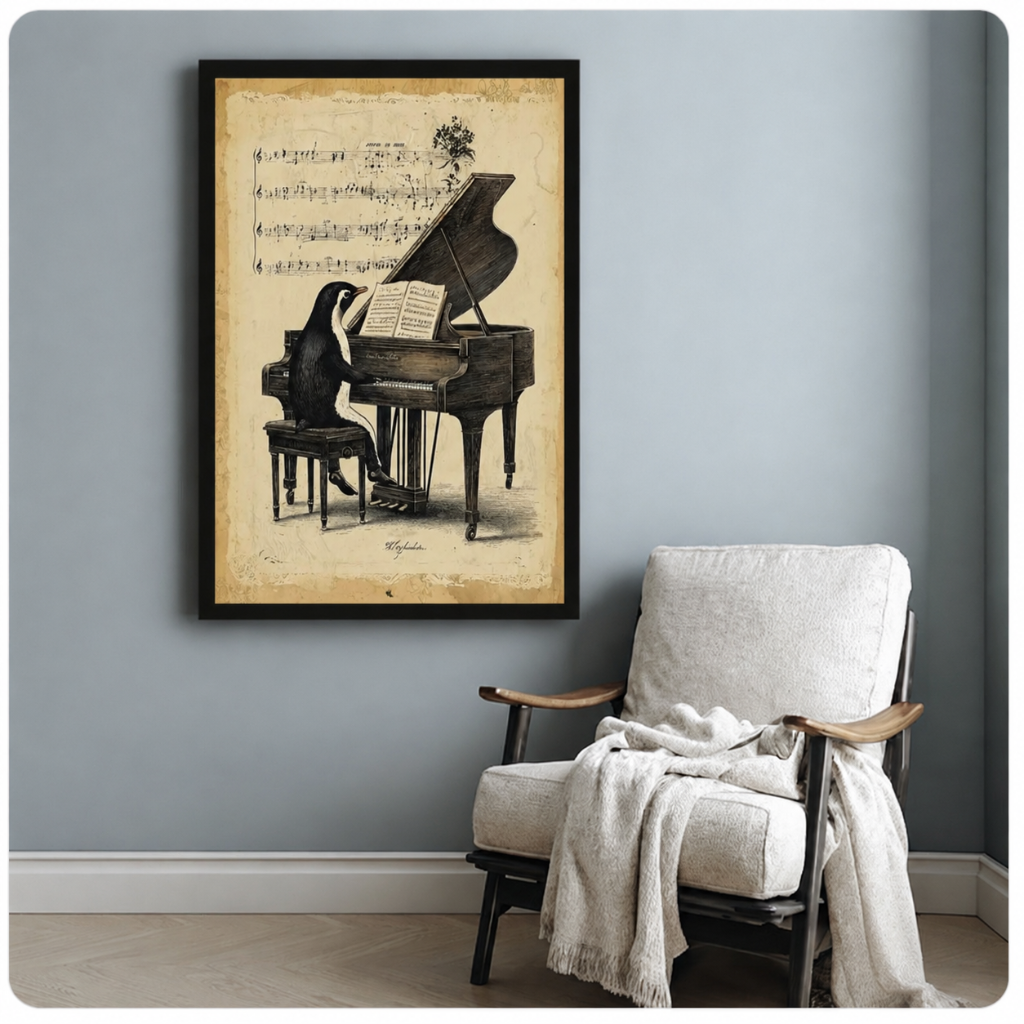Vintage Penguin Piano Player Canvas Wall Art