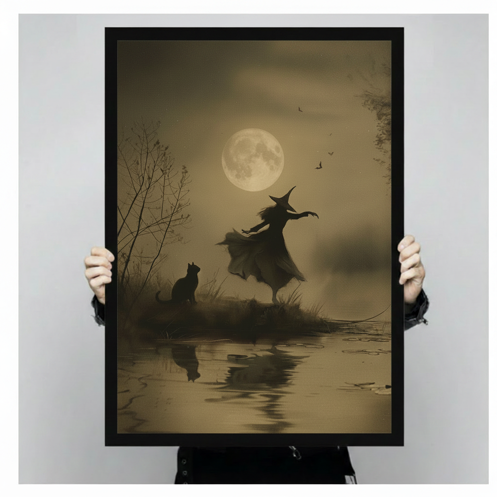 Vintage Witch Moon Dance Black Cat Canvas Art