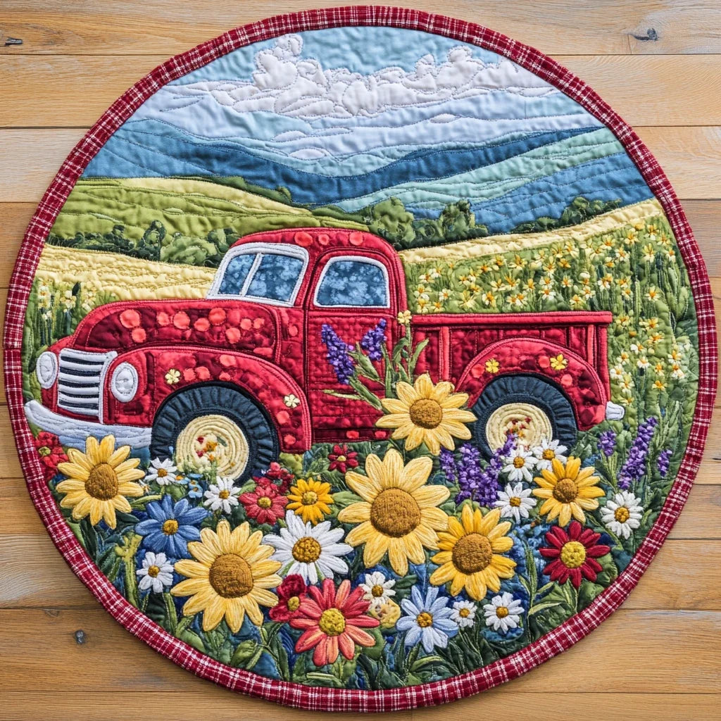 Vintage Truck Blooms Quilted Round Mat