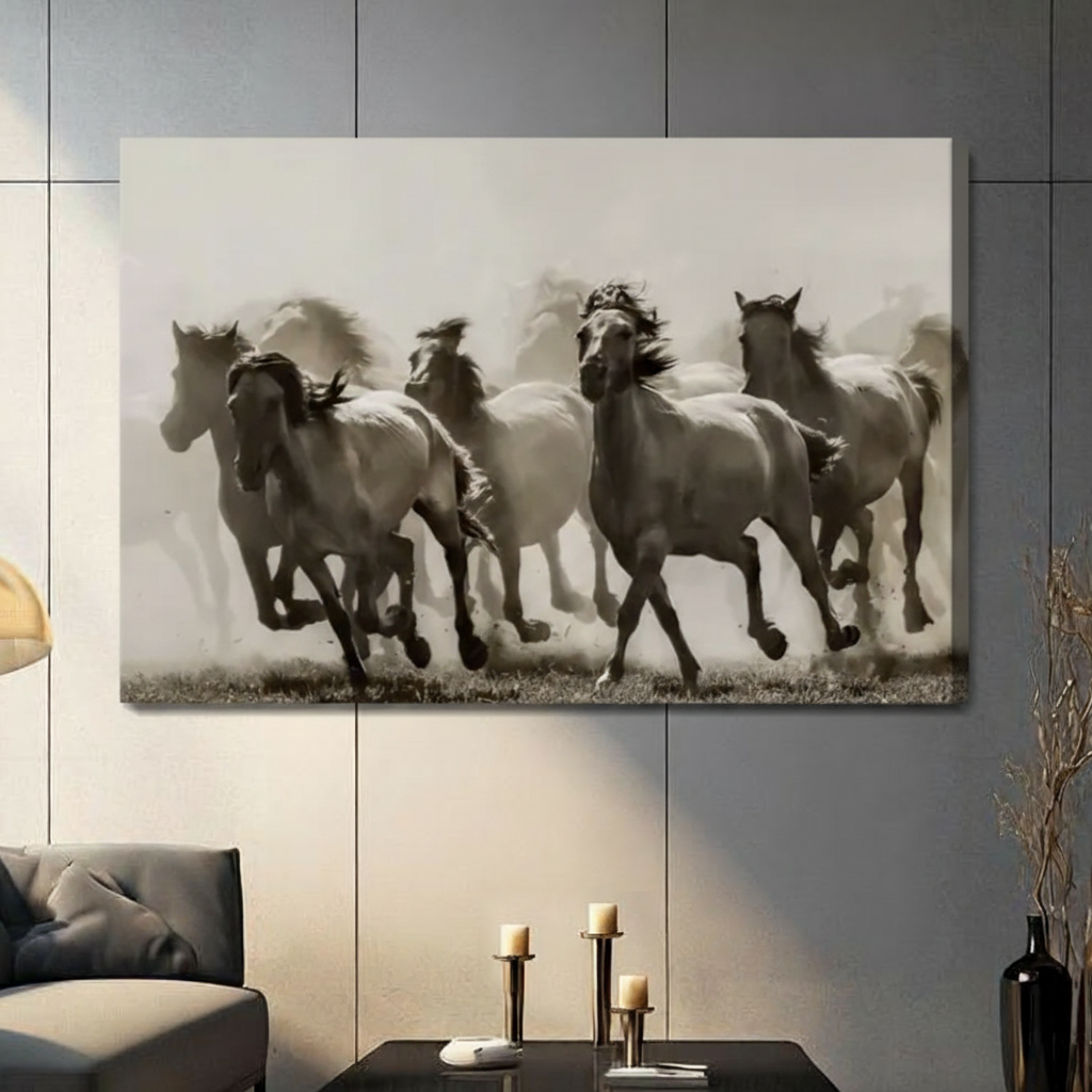 Wild Horses Running Sepia Canvas Wall Art