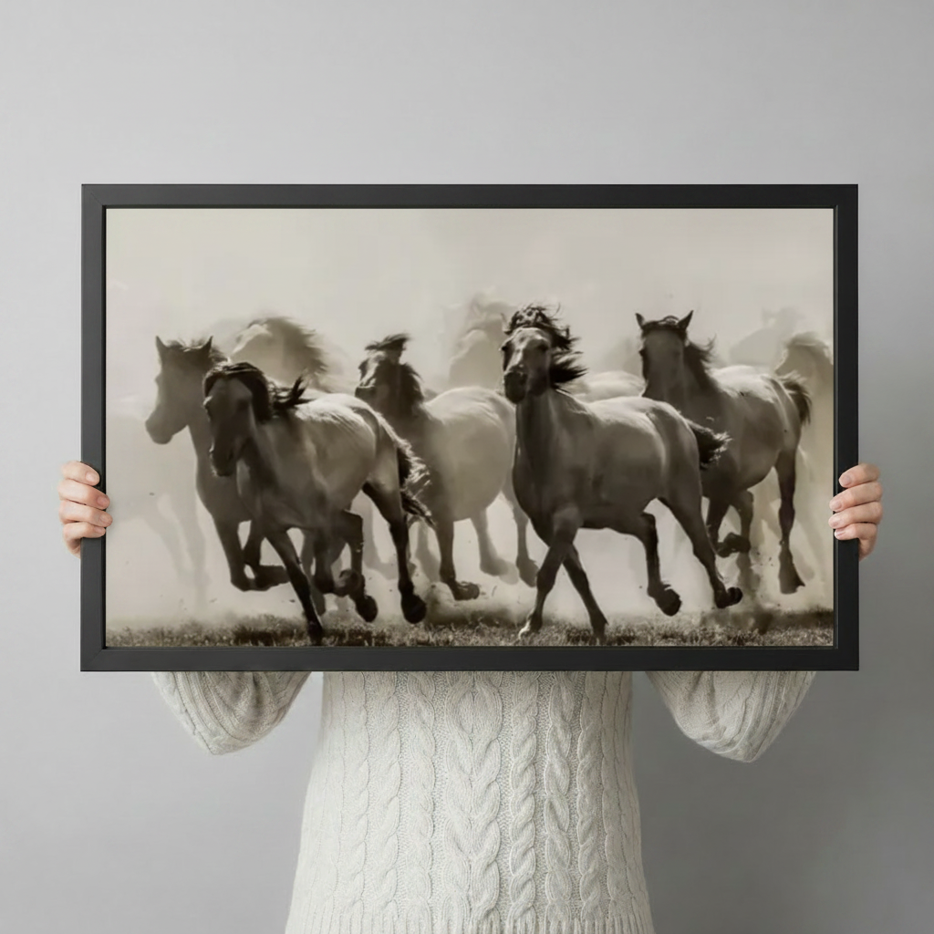 Wild Horses Running Sepia Canvas Wall Art