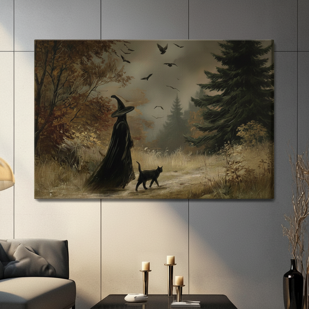 Vintage Witch Forest Walk Framed Canvas Art Wall Art
