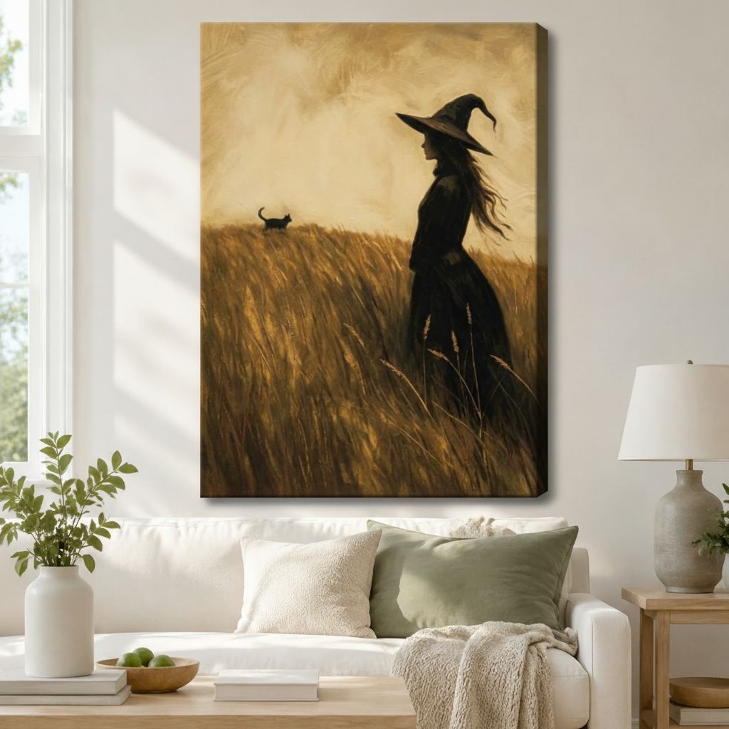 Vintage Witch Black Cat Wheat Field Canvas Art
