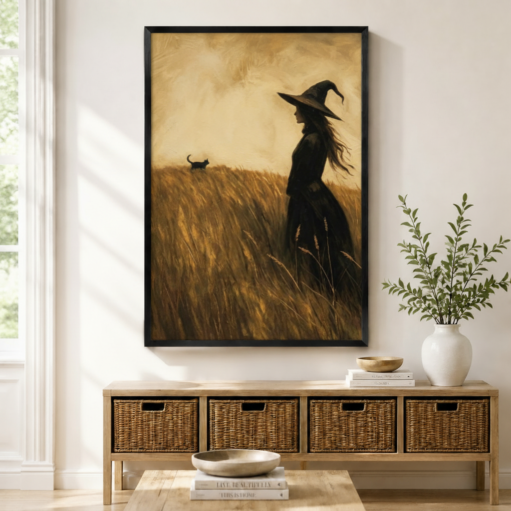 Vintage Witch Black Cat Wheat Field Canvas Art