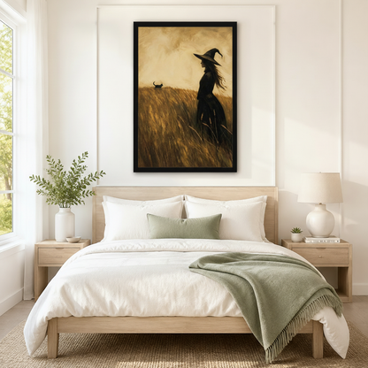 Vintage Witch Black Cat Wheat Field Canvas Art