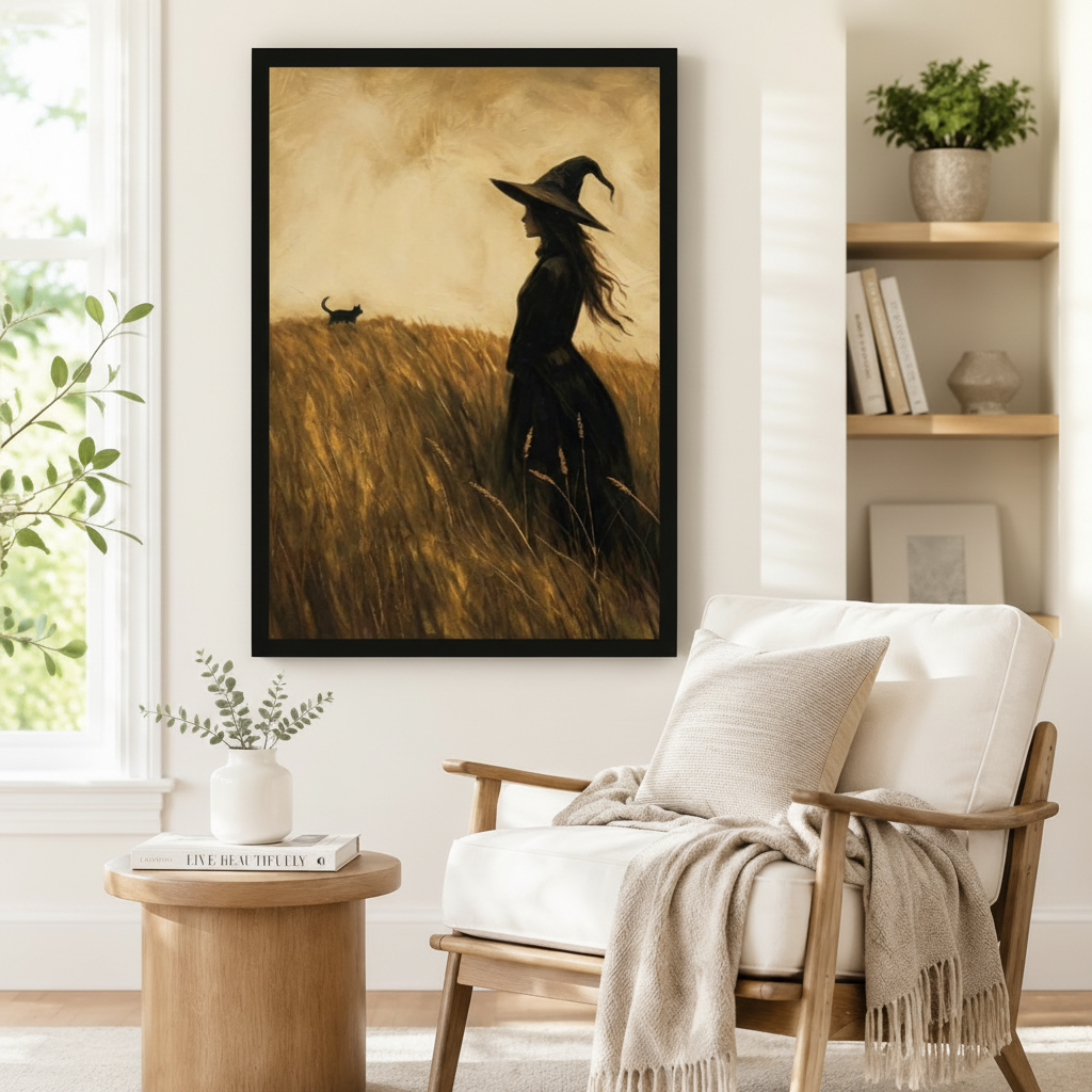 Vintage Witch Black Cat Wheat Field Canvas Art