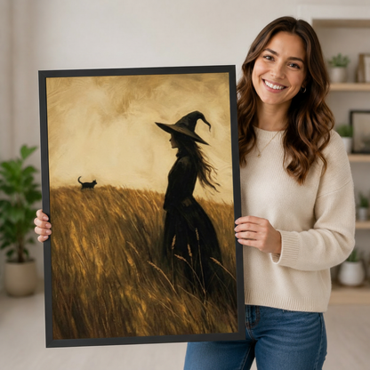 Vintage Witch Black Cat Wheat Field Canvas Art