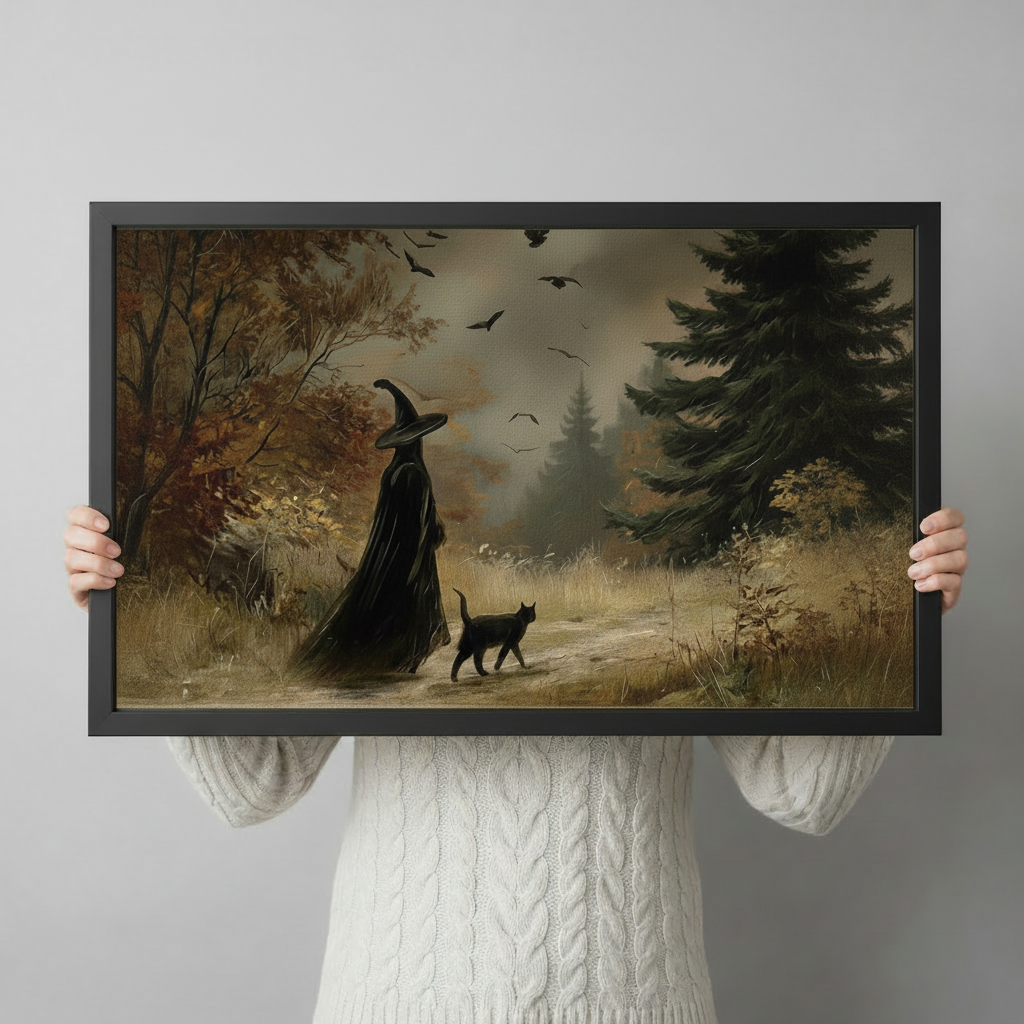 Vintage Witch Forest Walk Framed Canvas Art Wall Art