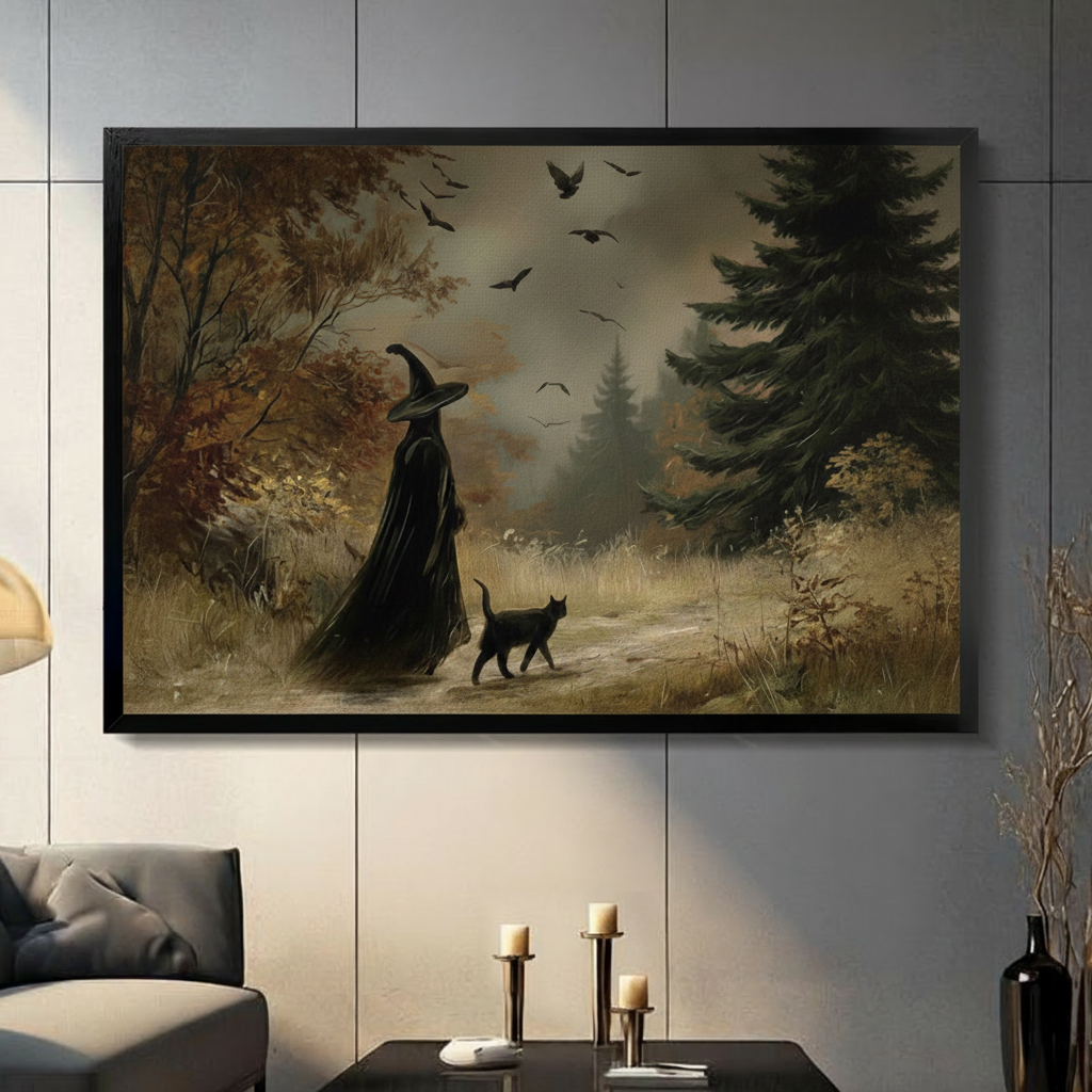 Vintage Witch Forest Walk Framed Canvas Art Wall Art