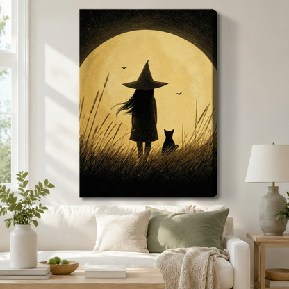 Witch Cat Full Moon Halloween Canvas Wall Art