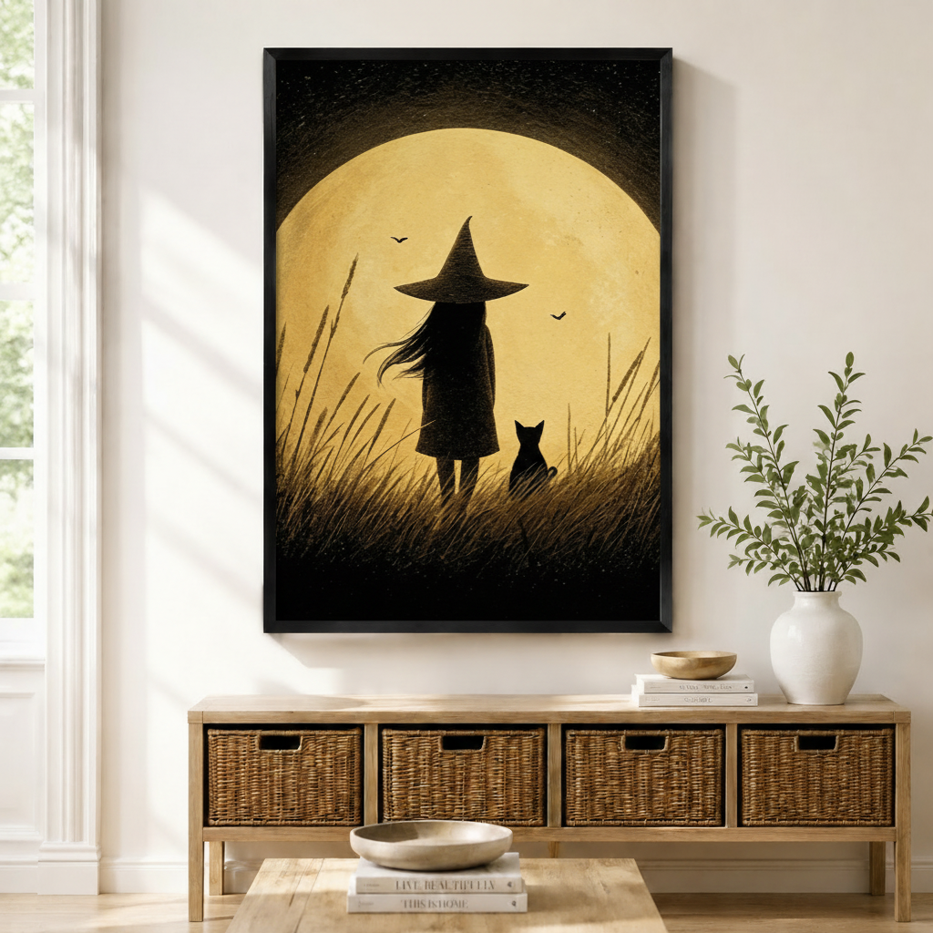 Witch Cat Full Moon Halloween Canvas Wall Art