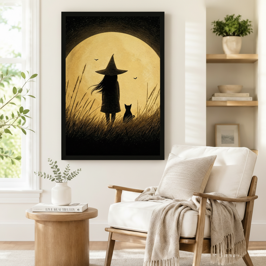 Witch Cat Full Moon Halloween Canvas Wall Art