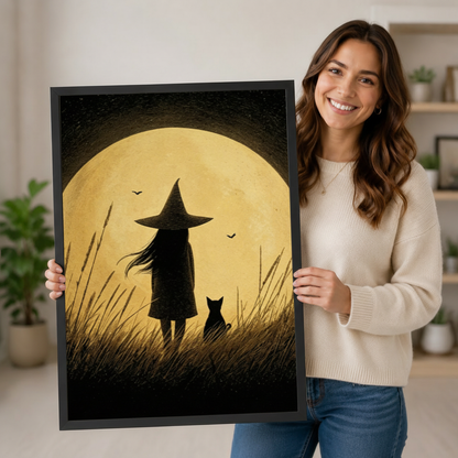 Witch Cat Full Moon Halloween Canvas Wall Art