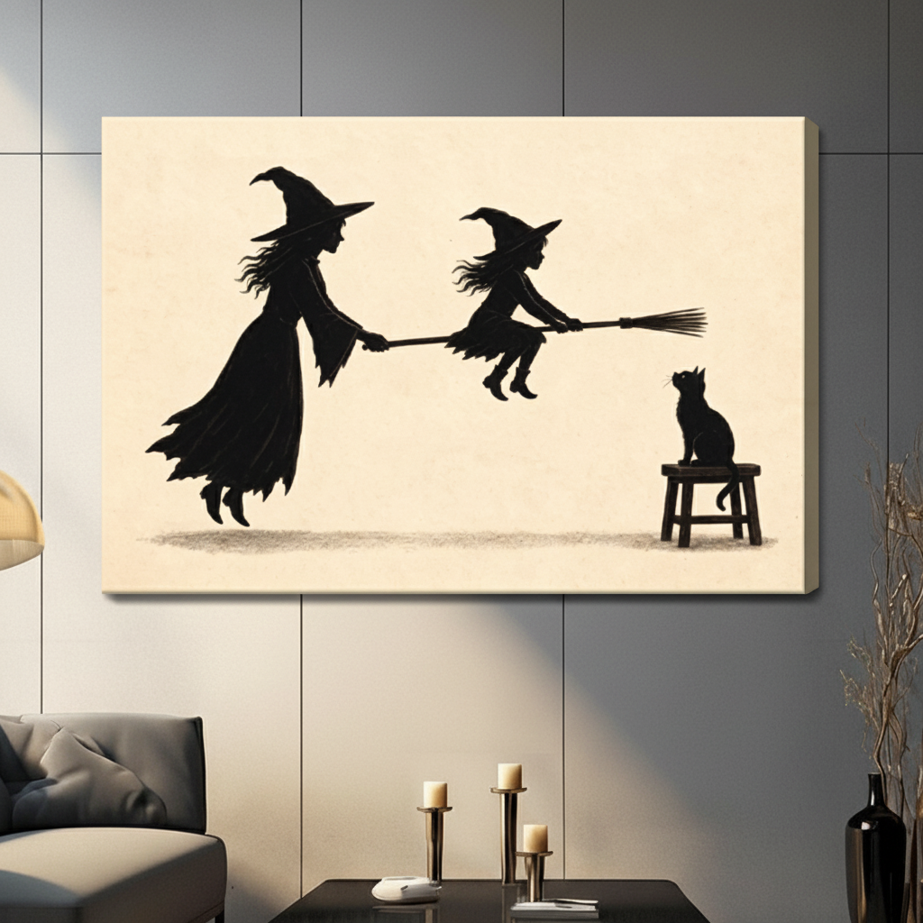 Witch Teaching Broom Flying Silhouette Canvas Art
