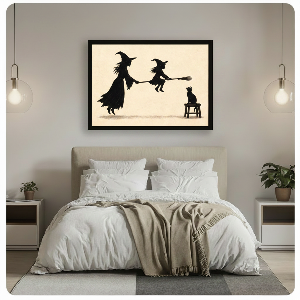 Witch Teaching Broom Flying Silhouette Canvas Art