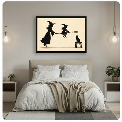 Witch Teaching Broom Flying Silhouette Canvas Art