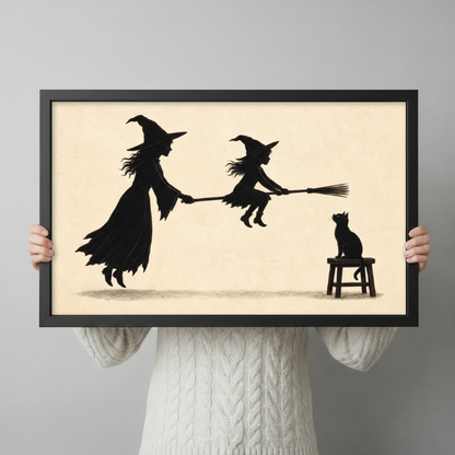 Witch Teaching Broom Flying Silhouette Canvas Art