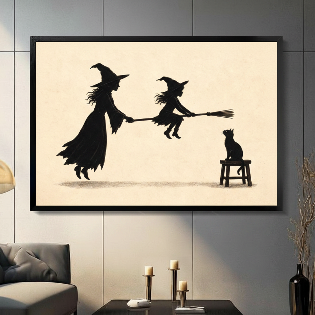 Witch Teaching Broom Flying Silhouette Canvas Art