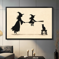 Witch Teaching Broom Flying Silhouette Canvas Art