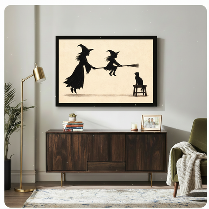 Witch Teaching Broom Flying Silhouette Canvas Art