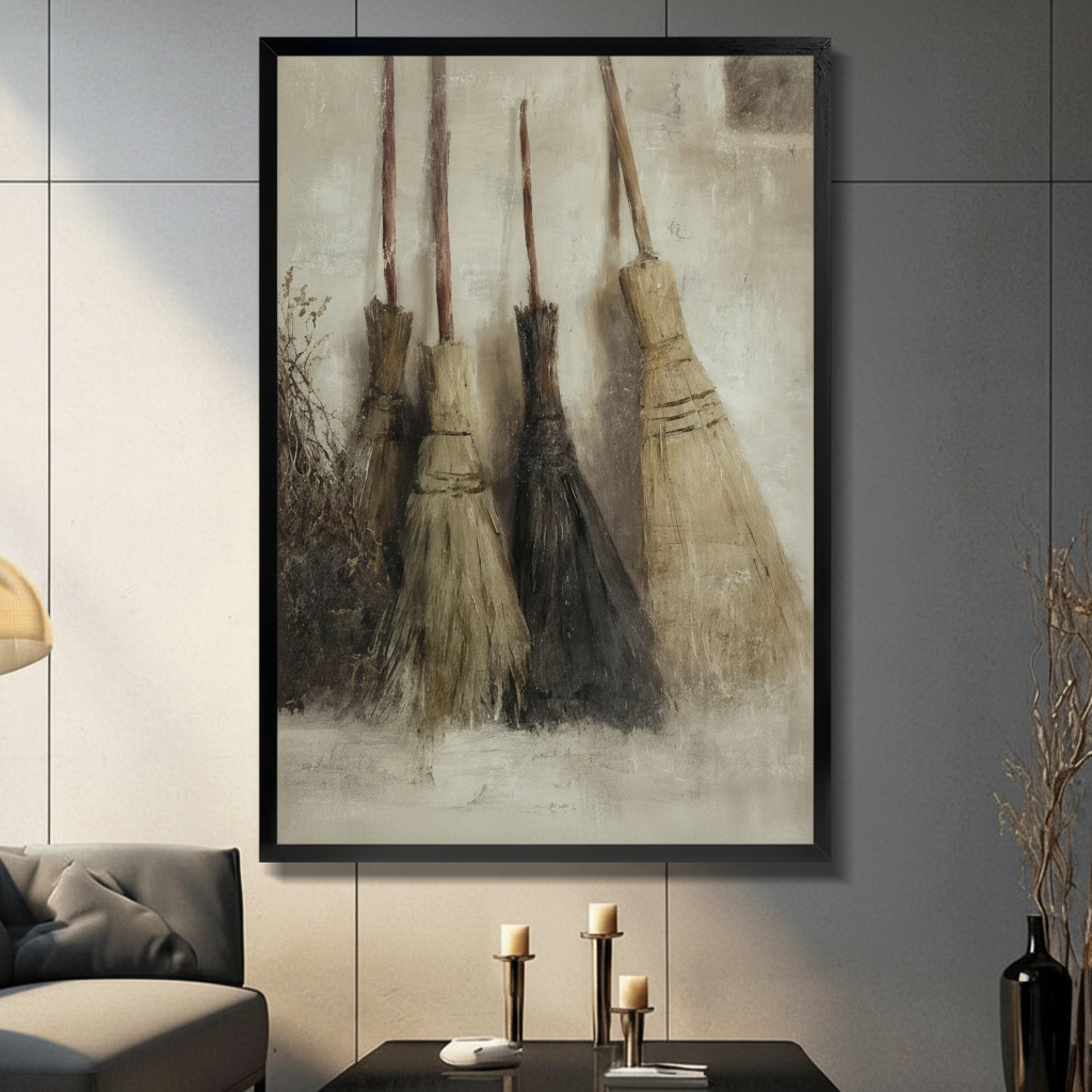 Antique Witch Brooms Gothic Canvas Wall Art