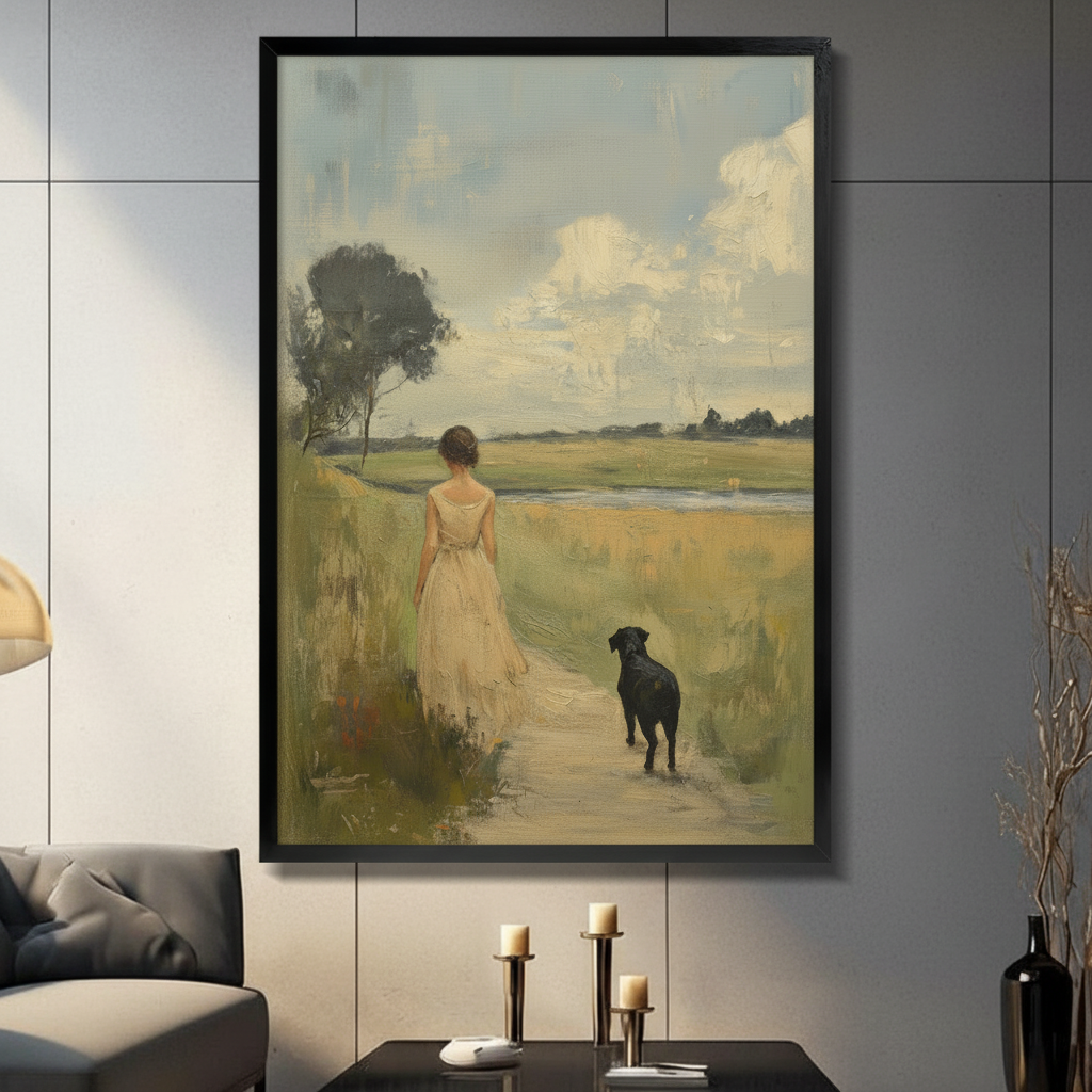 Vintage Woman & Dog Field Walk Canvas Art Wall Art