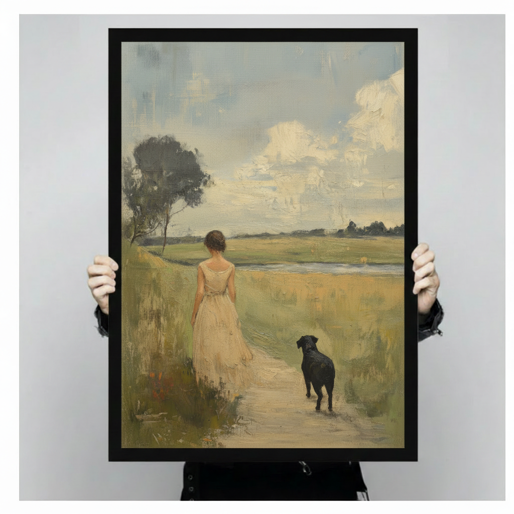 Vintage Woman & Dog Field Walk Canvas Art Wall Art