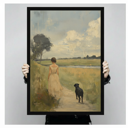 Vintage Woman & Dog Field Walk Canvas Art Wall Art