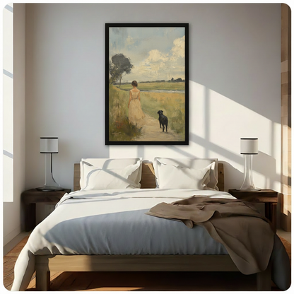 Vintage Woman & Dog Field Walk Canvas Art Wall Art