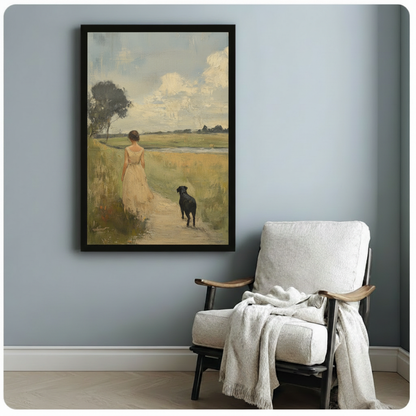 Vintage Woman & Dog Field Walk Canvas Art Wall Art