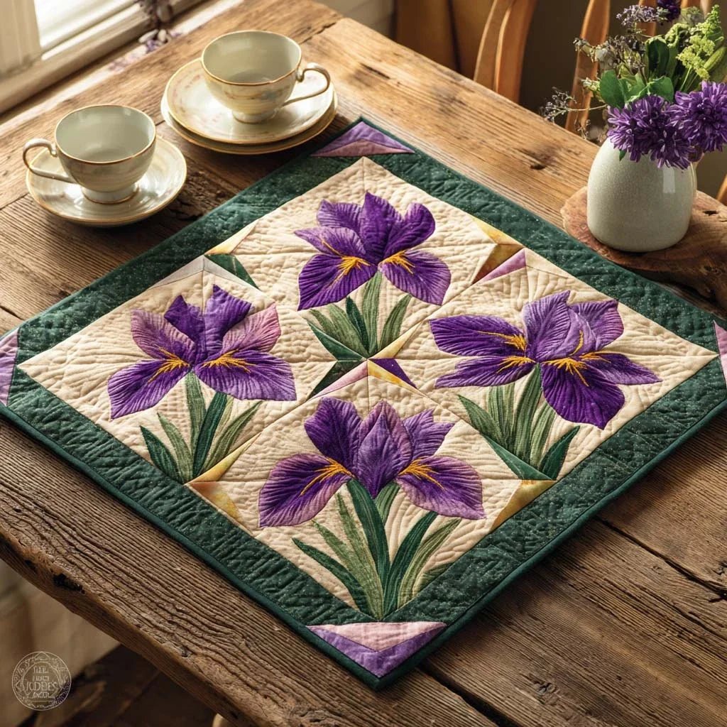 Violet Irises Quilted Table Topper