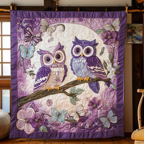 Violet Owl Couple Quilt Blanket