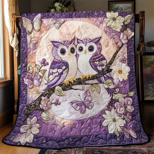 Violet Owl Couple Quilt Blanket
