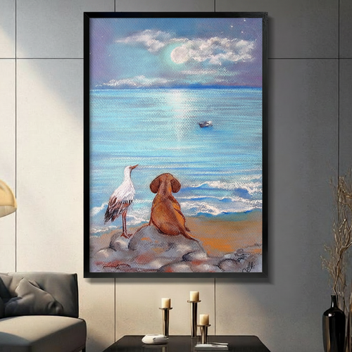 Dog and Heron Moonlit Ocean Canvas Wall Art